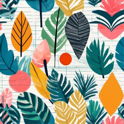 Papier peint  Beach cheerful seamless pattern wallpaper of tropical dark green leaves of palm trees and flowers bird of paradise (strelitzia) plumeria on a watercolor background