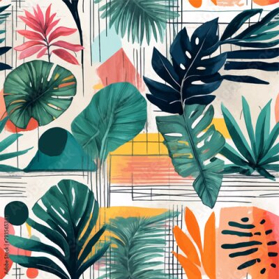 Papier peint  Beach cheerful seamless pattern wallpaper of tropical dark green leaves of palm trees and flowers bird of paradise (strelitzia) plumeria on a watercolor background