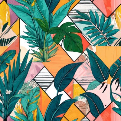 Papier peint  Beach cheerful seamless pattern wallpaper of tropical dark green leaves of palm trees and flowers bird of paradise (strelitzia) plumeria on a watercolor background