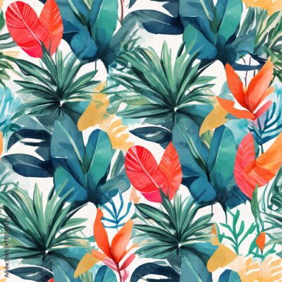 Papier peint  Beach cheerful seamless pattern wallpaper of tropical dark green leaves of palm trees and flowers bird of paradise (strelitzia) plumeria on a watercolor background