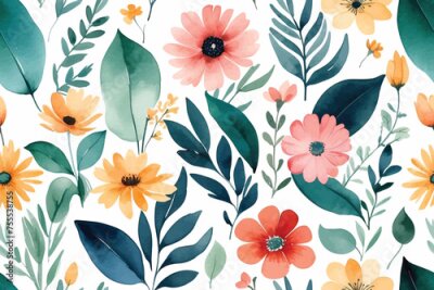 Papier peint  Beach cheerful seamless pattern wallpaper of tropical dark green leaves of palm trees and flowers bird of paradise (strelitzia) plumeria on a watercolor background