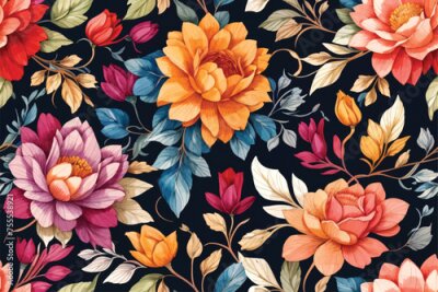 Papier peint  Beach cheerful seamless pattern wallpaper of tropical dark green leaves of palm trees and flowers bird of paradise (strelitzia) plumeria on a watercolor background