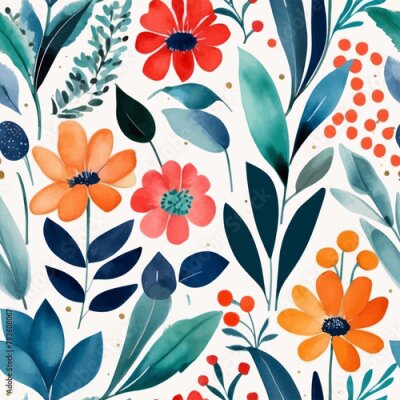 Papier peint  Beach cheerful seamless pattern wallpaper of tropical dark green leaves of palm trees and flowers bird of paradise (strelitzia) plumeria on a watercolor background