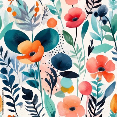 Papier peint  Beach cheerful seamless pattern wallpaper of tropical dark green leaves of palm trees and flowers bird of paradise (strelitzia) plumeria on a watercolor background