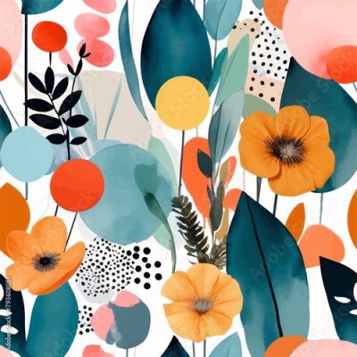 Papier peint  Beach cheerful seamless pattern wallpaper of tropical dark green leaves of palm trees and flowers bird of paradise (strelitzia) plumeria on a watercolor background