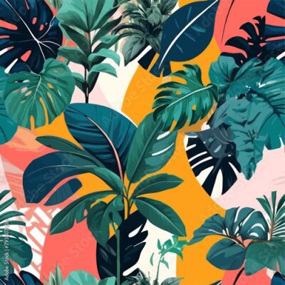 Papier peint  Beach cheerful seamless pattern wallpaper of tropical dark green leaves of palm trees and flowers bird of paradise (strelitzia) plumeria on a watercolor background