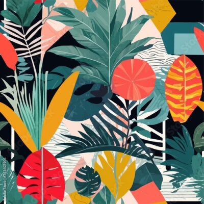 Papier peint  Beach cheerful seamless pattern wallpaper of tropical dark green leaves of palm trees and flowers bird of paradise (strelitzia) plumeria on a watercolor background