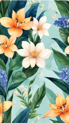 Papier peint  Beach cheerful seamless pattern wallpaper of tropical dark green leaves of palm trees and flowers bird of paradise (strelitzia) plumeria on a watercolor background