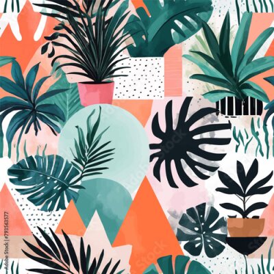 Papier peint  Beach cheerful seamless pattern wallpaper of tropical dark green leaves of palm trees and flowers bird of paradise (strelitzia) plumeria on a watercolor background
