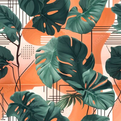 Papier peint  Beach cheerful seamless pattern wallpaper of tropical dark green leaves of palm trees and flowers bird of paradise (strelitzia) plumeria on a watercolor background