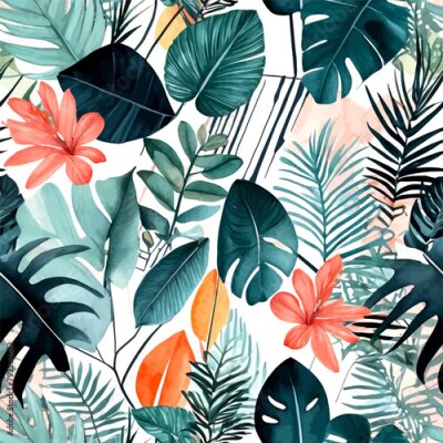 Papier peint  Beach cheerful seamless pattern wallpaper of tropical dark green leaves of palm trees and flowers bird of paradise (strelitzia) plumeria on a watercolor background