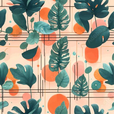 Papier peint  Beach cheerful seamless pattern wallpaper of tropical dark green leaves of palm trees and flowers bird of paradise (strelitzia) plumeria on a watercolor background