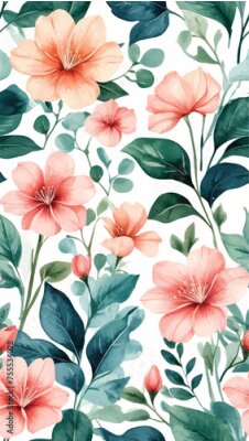 Papier peint  Beach cheerful seamless pattern wallpaper of tropical dark green leaves of palm trees and flowers bird of paradise (strelitzia) plumeria on a watercolor background