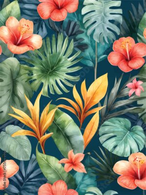 Papier peint  Beach cheerful seamless pattern wallpaper of tropical dark green leaves of palm trees and flowers bird of paradise (strelitzia) plumeria on a watercolor background