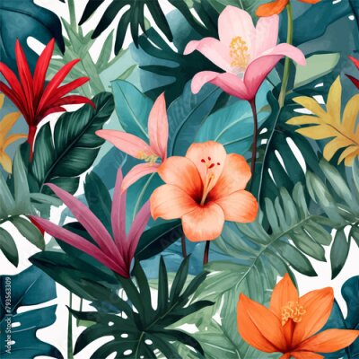 Papier peint  Beach cheerful seamless pattern wallpaper of tropical dark green leaves of palm trees and flowers bird of paradise (strelitzia) plumeria on a watercolor background