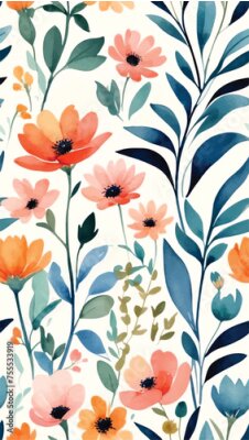 Papier peint  Beach cheerful seamless pattern wallpaper of tropical dark green leaves of palm trees and flowers bird of paradise (strelitzia) plumeria on a watercolor background