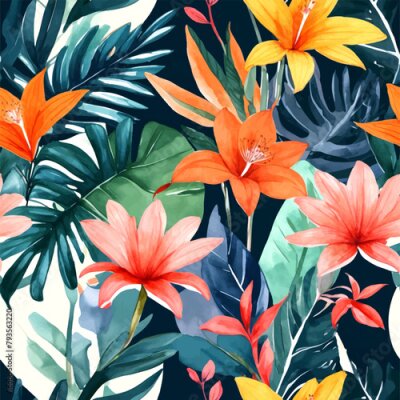 Papier peint  Beach cheerful seamless pattern wallpaper of tropical dark green leaves of palm trees and flowers bird of paradise (strelitzia) plumeria on a watercolor background