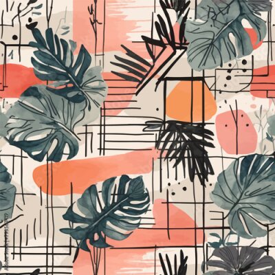 Papier peint  Beach cheerful seamless pattern wallpaper of tropical dark green leaves of palm trees and flowers bird of paradise (strelitzia) plumeria on a watercolor background