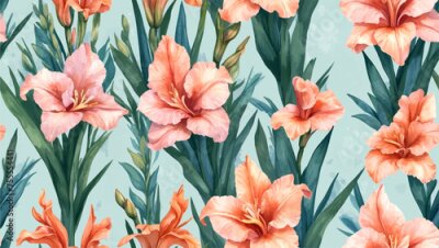 Papier peint  Beach cheerful seamless pattern wallpaper of tropical dark green leaves of palm trees and flowers bird of paradise (strelitzia) plumeria on a watercolor background
