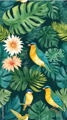 Papier peint  Beach cheerful seamless pattern wallpaper of tropical dark green leaves of palm trees and flowers bird of paradise (strelitzia) plumeria on a watercolor background