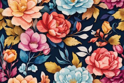 Papier peint  Beach cheerful seamless pattern wallpaper of tropical dark green leaves of palm trees and flowers bird of paradise (strelitzia) plumeria on a watercolor background