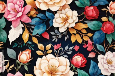 Papier peint  Beach cheerful seamless pattern wallpaper of tropical dark green leaves of palm trees and flowers bird of paradise (strelitzia) plumeria on a watercolor background