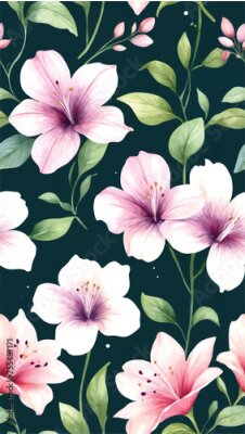 Papier peint  Beach cheerful seamless pattern wallpaper of tropical dark green leaves of palm trees and flowers bird of paradise (strelitzia) plumeria on a watercolor background