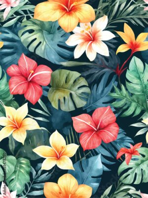 Papier peint  Beach cheerful seamless pattern wallpaper of tropical dark green leaves of palm trees and flowers bird of paradise (strelitzia) plumeria on a watercolor background