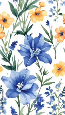 Papier peint  Beach cheerful seamless pattern wallpaper of tropical dark green leaves of palm trees and flowers bird of paradise (strelitzia) plumeria on a watercolor background