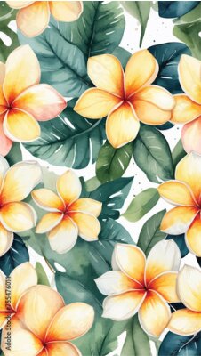 Papier peint  Beach cheerful seamless pattern wallpaper of tropical dark green leaves of palm trees and flowers bird of paradise (strelitzia) plumeria on a watercolor background