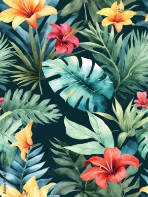 Papier peint  Beach cheerful seamless pattern wallpaper of tropical dark green leaves of palm trees and flowers bird of paradise (strelitzia) plumeria on a watercolor background