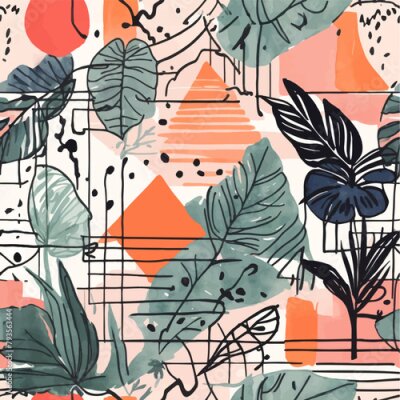 Papier peint  Beach cheerful seamless pattern wallpaper of tropical dark green leaves of palm trees and flowers bird of paradise (strelitzia) plumeria on a watercolor background