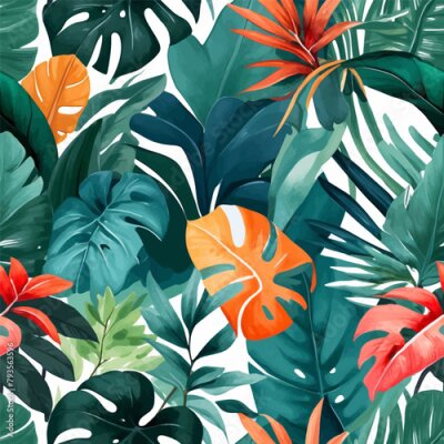 Papier peint  Beach cheerful seamless pattern wallpaper of tropical dark green leaves of palm trees and flowers bird of paradise (strelitzia) plumeria on a watercolor background