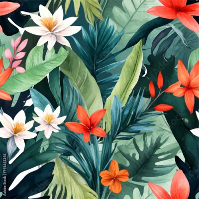 Papier peint  Beach cheerful seamless pattern wallpaper of tropical dark green leaves of palm trees and flowers bird of paradise (strelitzia) plumeria on a watercolor background