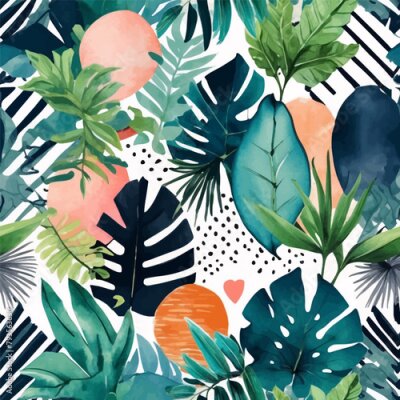 Papier peint  Beach cheerful seamless pattern wallpaper of tropical dark green leaves of palm trees and flowers bird of paradise (strelitzia) plumeria on a watercolor background