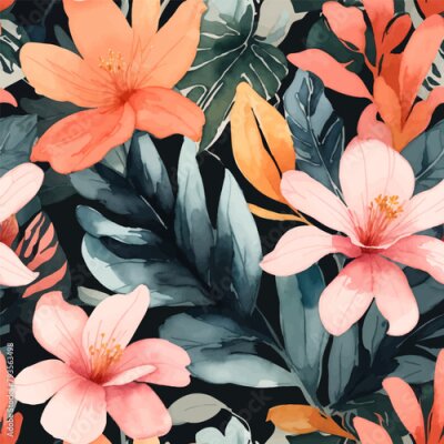 Papier peint  Beach cheerful seamless pattern wallpaper of tropical dark green leaves of palm trees and flowers bird of paradise (strelitzia) plumeria on a watercolor background