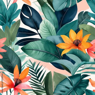 Papier peint  Beach cheerful seamless pattern wallpaper of tropical dark green leaves of palm trees and flowers bird of paradise (strelitzia) plumeria on a watercolor background