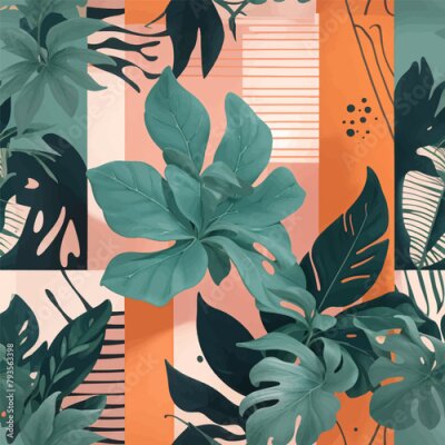 Papier peint  Beach cheerful seamless pattern wallpaper of tropical dark green leaves of palm trees and flowers bird of paradise (strelitzia) plumeria on a watercolor background