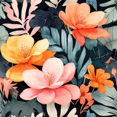 Papier peint  Beach cheerful seamless pattern wallpaper of tropical dark green leaves of palm trees and flowers bird of paradise (strelitzia) plumeria on a watercolor background