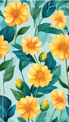 Papier peint  Beach cheerful seamless pattern wallpaper of tropical dark green leaves of palm trees and flowers bird of paradise (strelitzia) plumeria on a watercolor background
