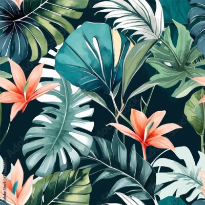 Papier peint  Beach cheerful seamless pattern wallpaper of tropical dark green leaves of palm trees and flowers bird of paradise (strelitzia) plumeria on a watercolor background