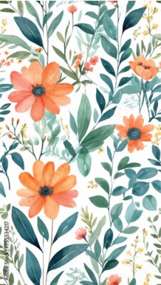 Papier peint  Beach cheerful seamless pattern wallpaper of tropical dark green leaves of palm trees and flowers bird of paradise (strelitzia) plumeria on a watercolor background