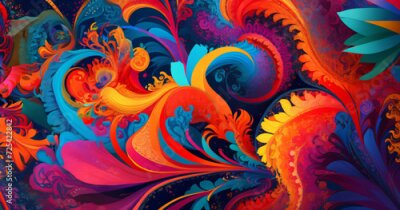 Papier peint  Beach cheerful seamless pattern wallpaper of tropical dark green leaves of palm trees and flowers bird of paradise (strelitzia) plumeria on a watercolor background