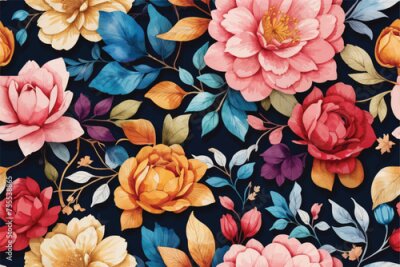 Papier peint  Beach cheerful seamless pattern wallpaper of tropical dark green leaves of palm trees and flowers bird of paradise (strelitzia) plumeria on a watercolor background