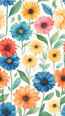 Papier peint  Beach cheerful seamless pattern wallpaper of tropical dark green leaves of palm trees and flowers bird of paradise (strelitzia) plumeria on a watercolor background