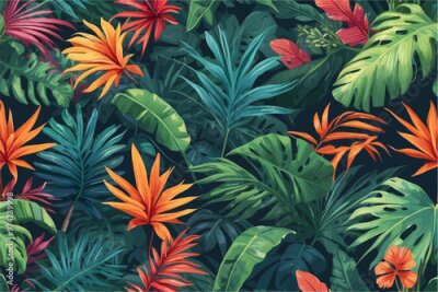 Papier peint  Beach cheerful seamless pattern wallpaper of tropical dark green leaves of palm trees and flowers bird of paradise (strelitzia) plumeria on a watercolor background	