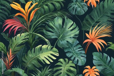 Papier peint  Beach cheerful seamless pattern wallpaper of tropical dark green leaves of palm trees and flowers bird of paradise (strelitzia) plumeria on a watercolor background	
