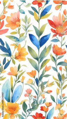 Papier peint  Beach cheerful seamless pattern wallpaper of tropical dark green leaves of palm trees and flowers bird of paradise (strelitzia) plumeria on a watercolor background