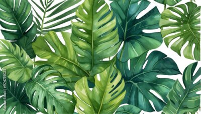 Papier peint  Beach cheerful seamless pattern wallpaper of tropical dark green leaves of palm trees and flowers bird of paradise (strelitzia) plumeria on a watercolor background	
