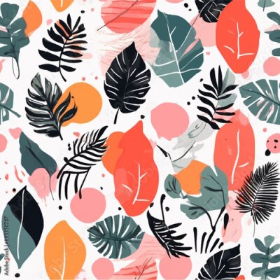 Papier peint  Beach cheerful seamless pattern wallpaper of tropical dark green leaves of palm trees and flowers bird of paradise (strelitzia) plumeria on a watercolor background